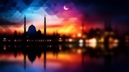 Fototapeta premium Silhouette of a Mosque Reflecting on Water at Night Under a Crescent Moon
