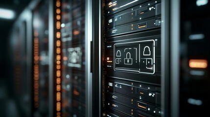 Rows of server racks with cybersecurity overlays in a modern data center showcasing advanced technology