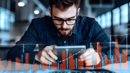 Business Professional Analyzing Rising Financial Trends on a Digital Tablet with Holographic Market Growth Chart