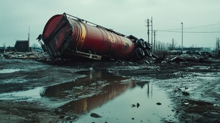 Overturned tanker truck in muddy wreckage area
