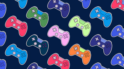 Colorful game controllers pattern on dark background, representing gaming, entertainment, and fun, suitable for video game websites or social media