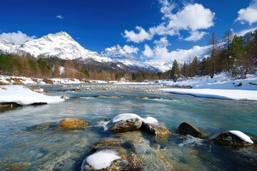 A serene winter landscape featuring a river flowing through snow-covered rocks, with majestic mountains and a bright blue sky overhead.