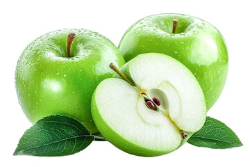 green apples with leaf - fresh fruit - sliced apple