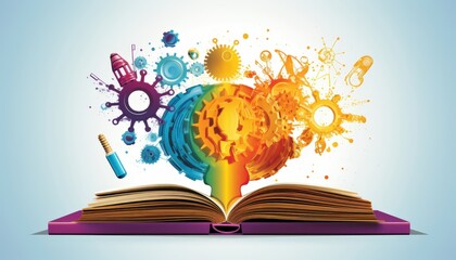 Open book releasing colorful gears and ideas; concept on light blue background