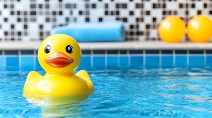 Yellow rubber duck floating in a pool.