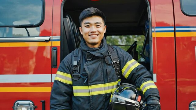 Smiling young Asian firefighter confidently standing beside fire truck holding protective helmet. Concept of bravery and commitment to community safety.
