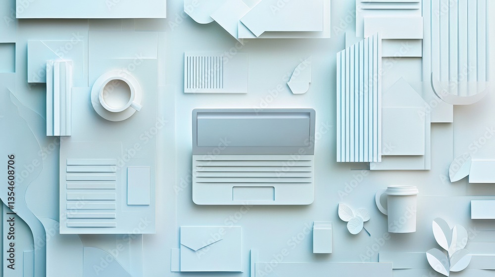 Poster creative paper art background showcasing professional office elements in a 3d cut style for modern w
