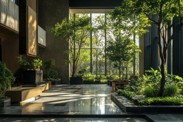 Serene Indoor Landscape with Natural Light and Lush Greenery Creating Tranquil Ambiance, Featuring Trees and Reflective Flooring