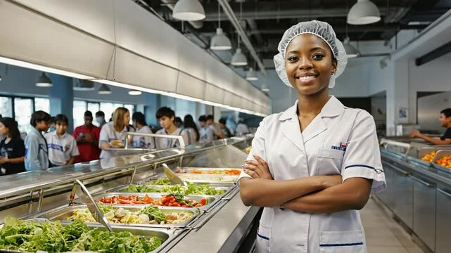 Smiling African American woman cafeteria worker confidently standing beside healthy food in a bustling school cafeteria. Concept of nutrition and positive school environment.