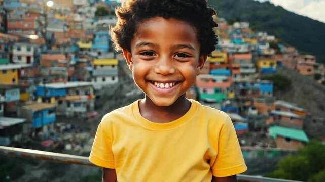 Smiling young African Brazilian boy joyfully standing outdoors in a vibrant favela community in Brazil. Concept of resilience and happiness despite adversity.
