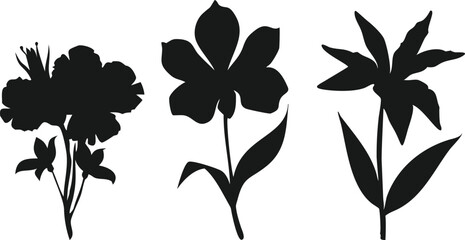 set of distinct flower silhouettes – a bouquet, a single flower, and a larger blossom – set against a clean white background.