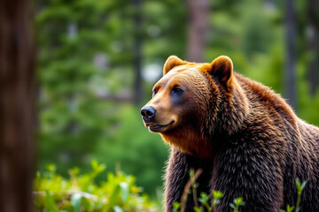 Grizzly Bear with Vibrant, Rich Fur Colors Gracefully Moving Through a Blurred Forest, Capturing Its Majestic Presence, Vibrant Wallpaper
