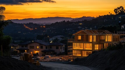 Sunset illuminates a new house under construction in a hillside neighborhood