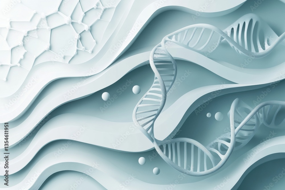 Poster futuristic paper cut design featuring molecular structures and dna helixes in layered composition