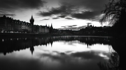 Obraz premium Prague cityscape reflected in a calm river at dawn