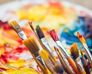 Fototapeta premium Paintbrushes dipped in vibrant colors on a palette, in a studio setting, creative