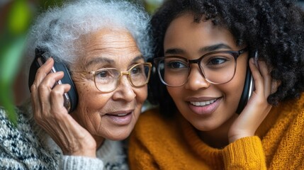 Elderly Woman and Young Woman Talking on Phones Together