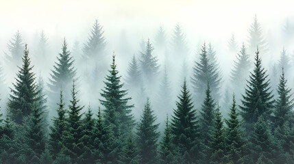 Misty coniferous forest scene