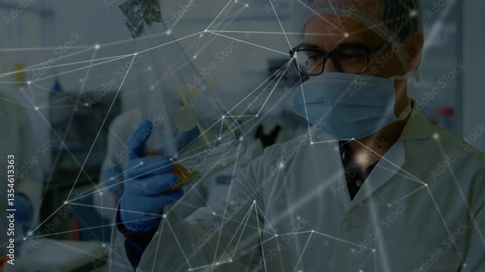 Aufkleber examining flask, scientist analyzing data processing with network connections overlay