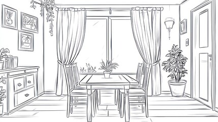 Interior sketch of a dining room with plants and windows.  Possible use For architecture, design or home decor projects