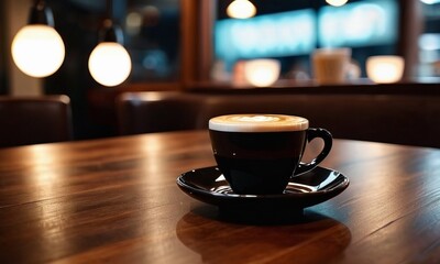 Obraz premium Steaming cup of coffee espresso drink on a wooden table in a warmly lit cafe, evoking a calm, relaxed atmosphere perfect for unwinding.