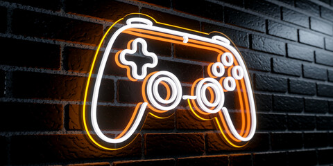 Neon gamepad sign on brick wall, showcasing vibrant orange and white light, symbolizing gaming, entertainment, and technology, ideal for a gaming bar or esports brand