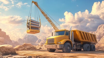 Fototapeta premium Yellow Crane Truck Lifting Metal Pipes In Desert Landscape