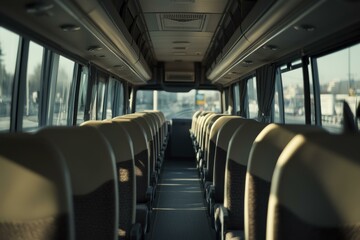 Interior View of an Empty Tourist Bus with Rows of Seats and Sunlight Streaming Through the Windows