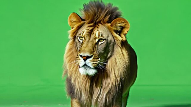 A majestic adult lion confidently walking towards the camera on a green chroma key background.