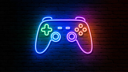 Neon gamepad on brick wall background, vibrant colors, modern design, gaming concept, ideal for advertising or website banner