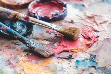 Obraz premium Paintbrushes Resting on Colorful Palette; Art Supplies; Studio; Colorful Background