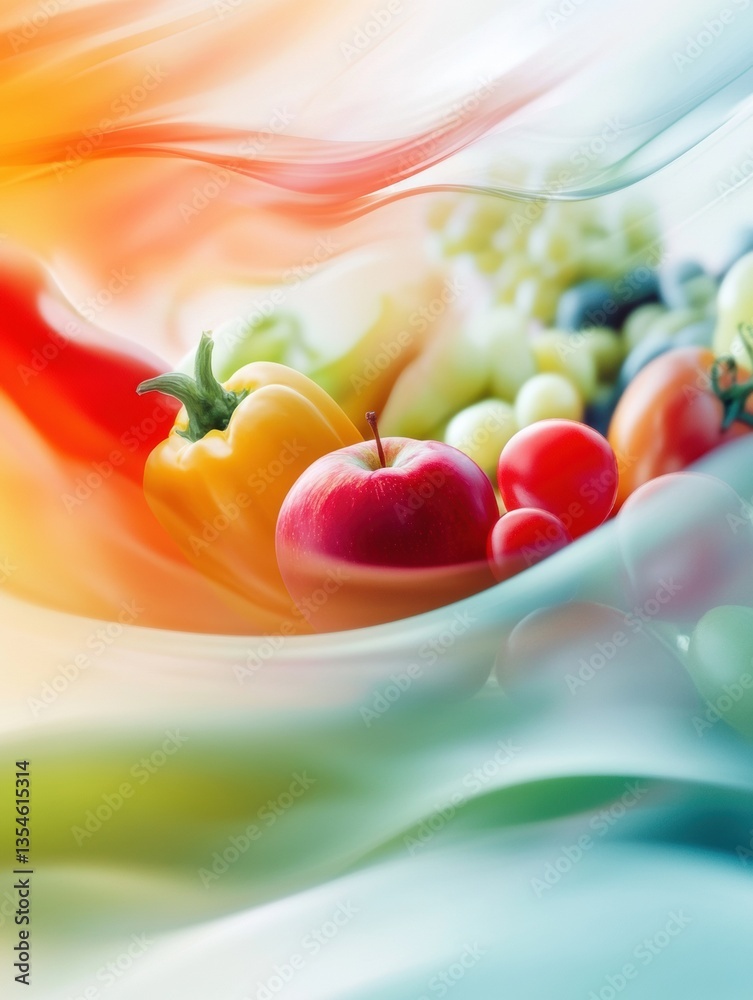 Poster dynamic wave of fresh groceries in fluid motion with vibrant gradients and soft hues showcased beaut