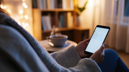 Cozy living room scene with a woman enjoying digital content and tea