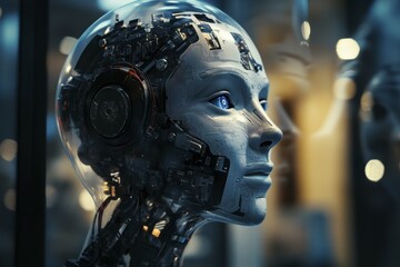 Fototapeta premium Futuristic Female Android with Circuitry and Clear Protective Helmet