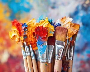Fototapeta premium Paintbrushes with Colorful Paint Artistic Tools against Abstract Background