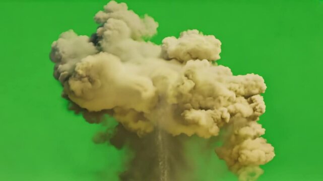 Heavy beige smoke clouds rising quickly and spreading against a chroma key green backdrop.