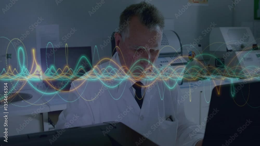 Poster analyzing data with colorful wave animation, scientist in laboratory using equipment