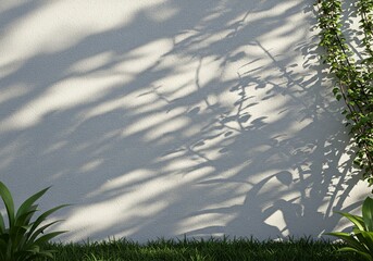 Obraz premium Shadow of leaves cast on a textured concrete wall in the garden, creating a natural, fresh, aestetic, and minimalist visual effect