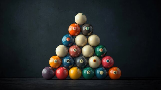 Pool balls pyramid on dark background (1)