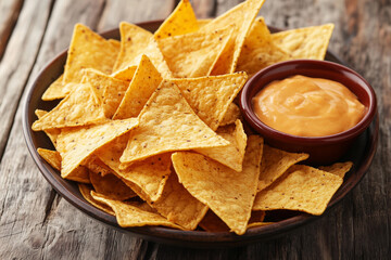 Nachos with cheddar cheese dip close up