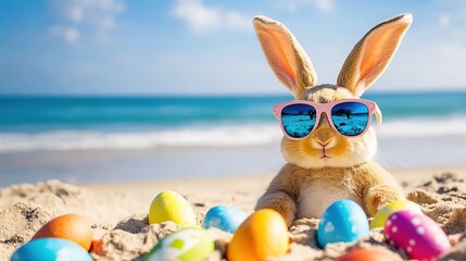  Stylish Easter Bunny Wearing Retro Sunglasses Relaxing on Tropical Beach with Patterned Eggs in Sand. Vibrant Spring Festival Marketing Material for Travel Agencies, Resort Branding, or Family-Friend