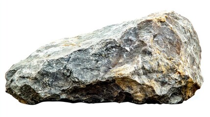 Fototapeta premium Large Grey Boulder Isolated on White Background: A Detailed Macro Shot of a Rough, Textured Stone