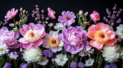 Fototapeta premium Stunning Floral Arrangement: Pink Peonies, Cosmos, and More