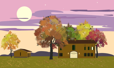Autumn evening Italian landscape with trees and house against sunset