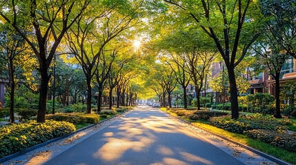 Obraz premium Sunlit Road Through Lush Tree-Lined Street, Residential Area, Peaceful Urban Landscape Photography