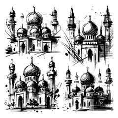 A set of four hand-drawn mosque sketches, each featuring a rough and organic brushstroke style