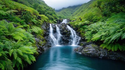 Obraz premium A serene waterfall cascades into a tranquil pool, surrounded by lush greenery and mountains under a cloudy sky.