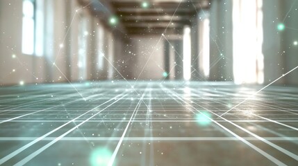 Abstract Digital Hallway with Data Grid Overlay and Glowing Particles