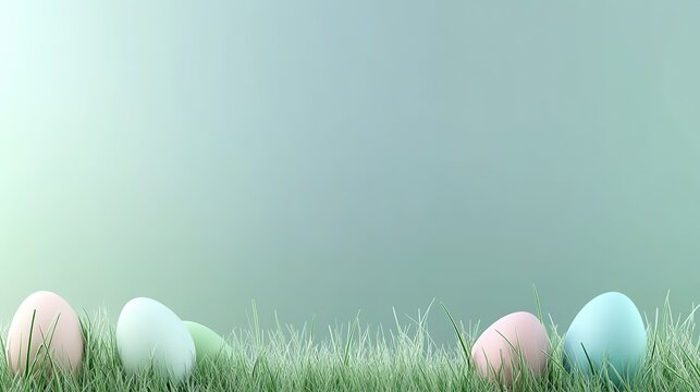 3D Rendered Easter Concept Banner with Stylized Grass and Pastel Eggs on Mint Green Backdrop, Ample Space for Custom Text. Perfect for Online Promotions, Email Header Designs, or Print Marketing Mater