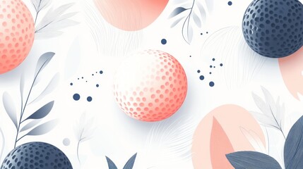 Abstract golf balls, leaves, and pastel shapes on a white background. Soft, modern design.